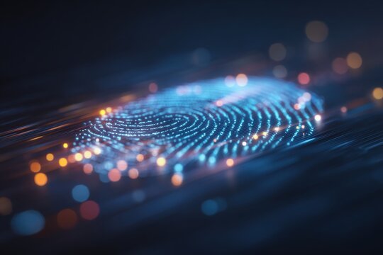 A vibrant digital fingerprint design is displayed against a dark background. The fingerprint features intricate patterns composed of glowing blue and orange dots, highlighting technological artistry.