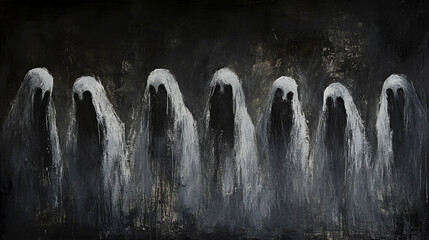 A spectral gathering of shrouded figures emerges from the darkness, their presence evoking a chilling sense of mystery and otherworldly dread.