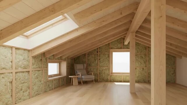 Interior of an attic room under renovation with exposed wooden beams, thermal insulation, and new wood flooring.