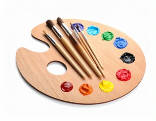 Wooden Artist Palette with Paintbrushes and Rainbow Color Dabs
