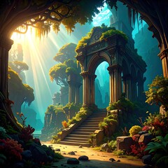 Lush overgrown ancient ruins bathed in sunlight