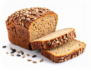 Whole Grain Seeded Bread Loaf with Two Slices on White Background