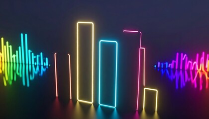 Vibrant neon shapes and multicolored audio waveforms create a dynamic and visually engaging abstract composition.