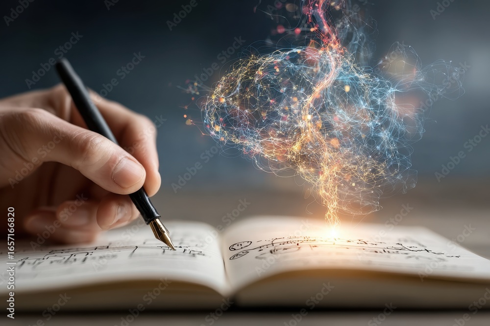 Poster conceptual image: hand writing notes as a glowing abstract network forms.