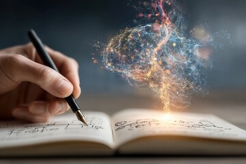 Conceptual image: Hand writing notes as a glowing abstract network forms.