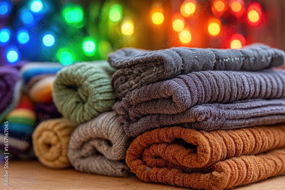 Poster a close-up of a cozy stack of colorful, soft textiles with vibrant bokeh lights.