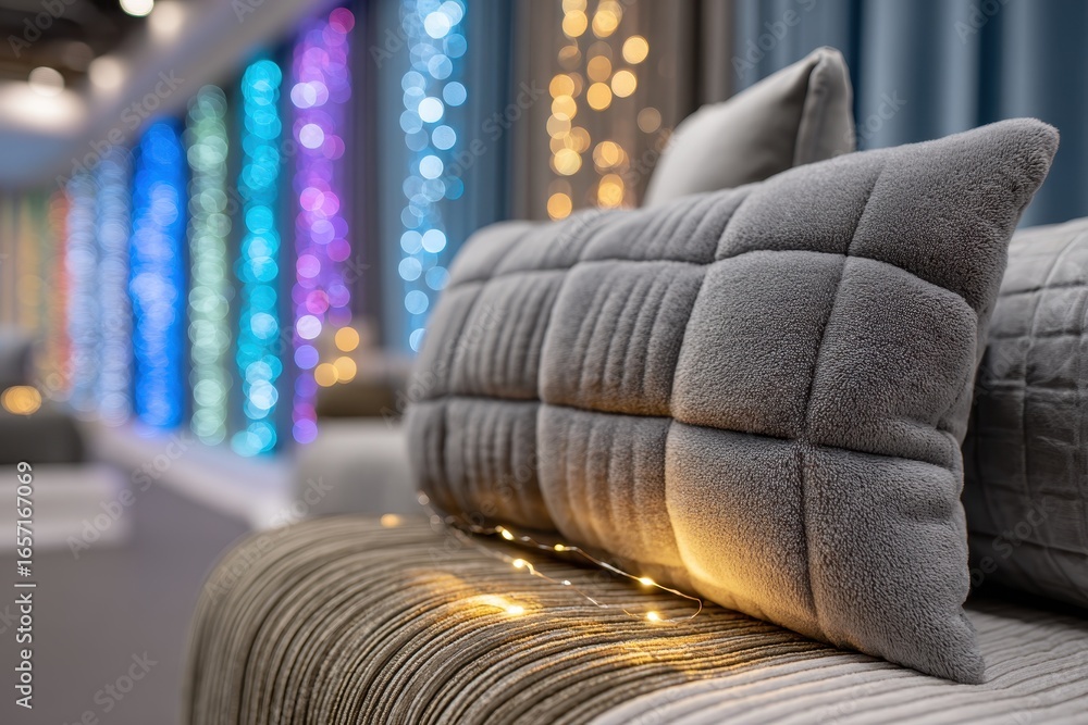 Poster soft grey pillow draped with glowing string lights and vibrant bokeh colors