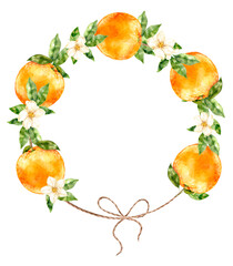 Watercolor wreath with oranges, green leaves and bow on white background. Bright citrus circle in fruity boho style, ideal for summer wedding decor, juice bar menus and festive flyers.