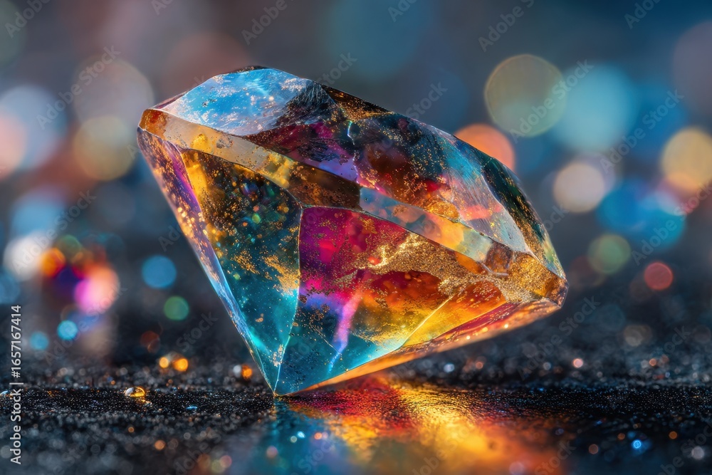 Poster Vibrant and shimmering abstract gem with glittery particles and colorful bokeh background.