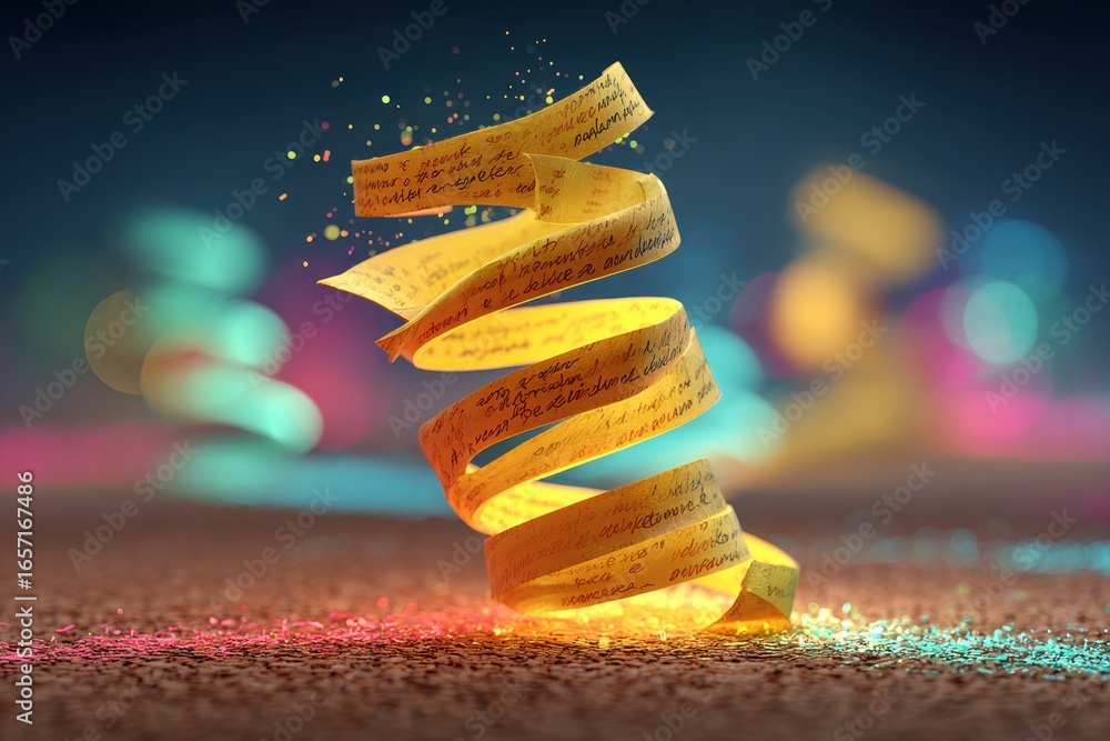 Poster glowing ancient scroll unraveling with mystical particles and colorful bokeh lights