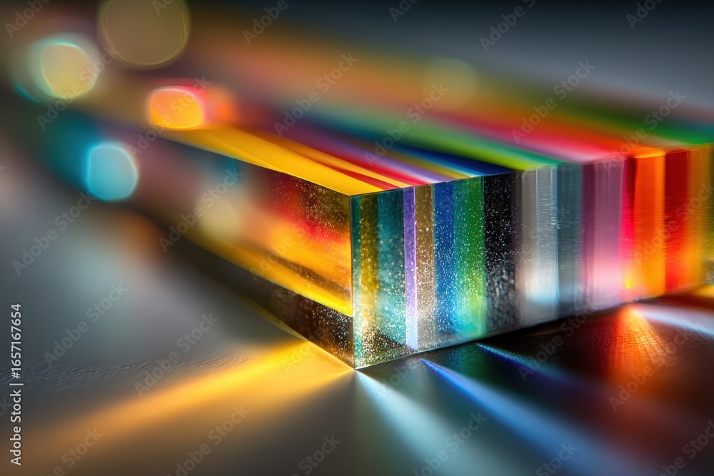 Poster dynamic interplay of vibrant light and color refracted through a rectangular block.