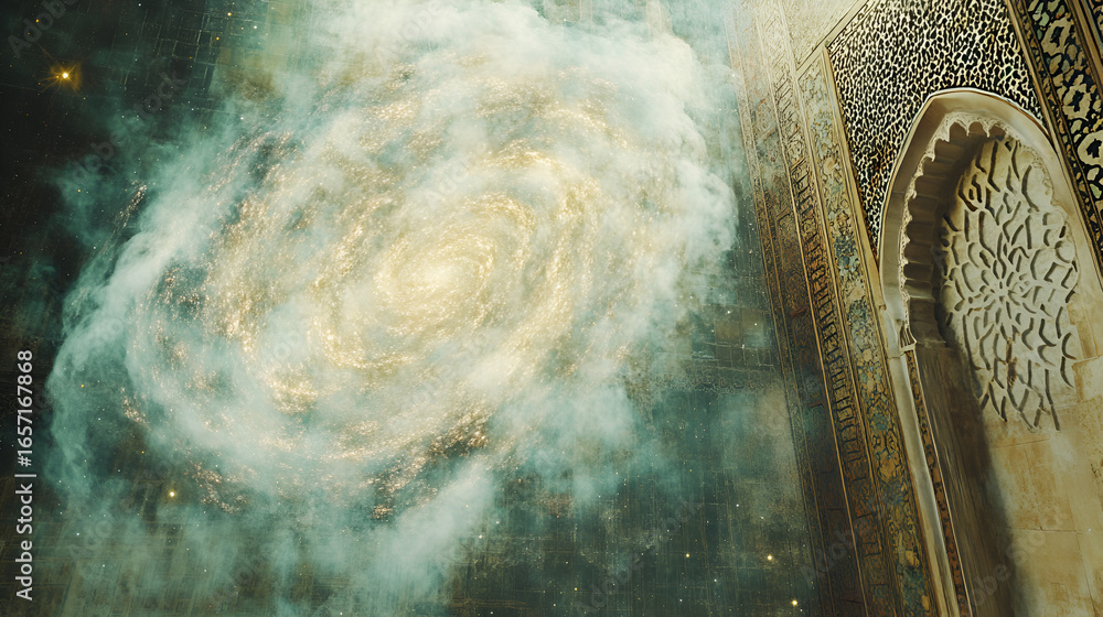 Aufkleber an ethereal swirls within an ancient architectural space, blending cosmic wonders with ornate, time-