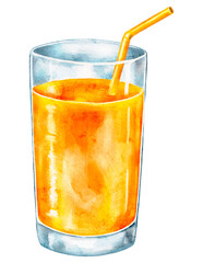 Watercolor glass of orange juice with straw on white background. Fresh citrus drink illustration in juicy artistic style, ideal for bar menus, cocktail posters, cafe flyers or summer branding.