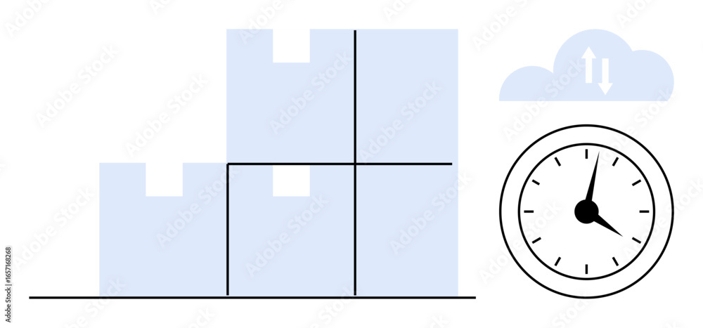 Poster stacked boxes beside a clock symbolizing time management, with a cloud connection for data integrati
