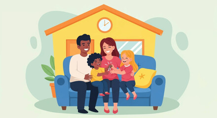 A joyful diverse family sits on a sofa, depicting home, happiness, and security. Ideal for real estate, finance, and lifestyle concepts.