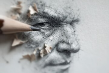 A detailed pencil drawing of a mans face is being created. The artist is focusing on the eye while wood shavings are scattered around the artwork, showcasing the creative process.
