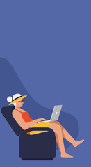 Relaxed senior woman using laptop on a lounge chair. Illustrates modern retirement, digital leisure, remote work, or travel connectivity.