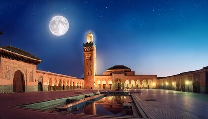 moon shining over the ben youssef medersa in marrakech at night