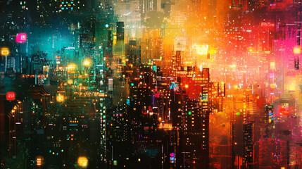 Fototapeta premium An abstract cityscape glows with vibrant colors and intricate details, resembling a futuristic metropolis brimming with technological advancements and artistic expression.
