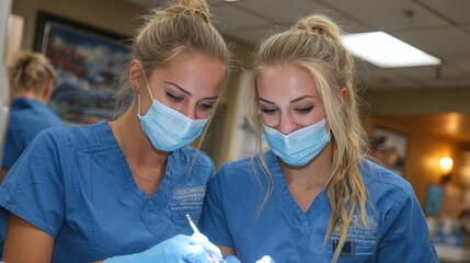 Two female dental assistants work closely wearing surgical masks in clinic