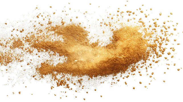 golden shimmer powder texture, glowing particles spread on white background,