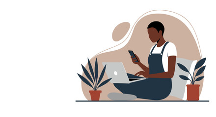 Modern person comfortably working or studying from home with a laptop and smartphone. Concept of remote work, digital connectivity, and flexible lifestyle.