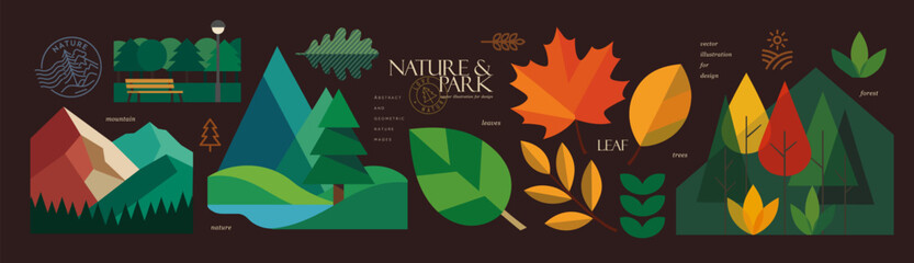 Naklejka na ściany i meble Nature and park. Abstract modern geometric vector illustrations of landscape, trees, mountains, bench, autumn leaves, lantern and scenery for travel poster, outdoor activities, background and cover