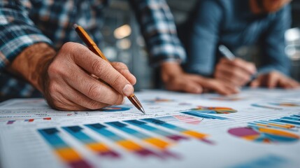 Financial analysis presentation on table shows bar graphs and pie charts while Business team meets