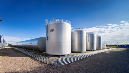 Obraz premium wide angle view of hydrogen tanks painted in white and silver neatly arranged against a calm blue sky backdrop evoking a sense of industrial innovation and eco forward energy sol