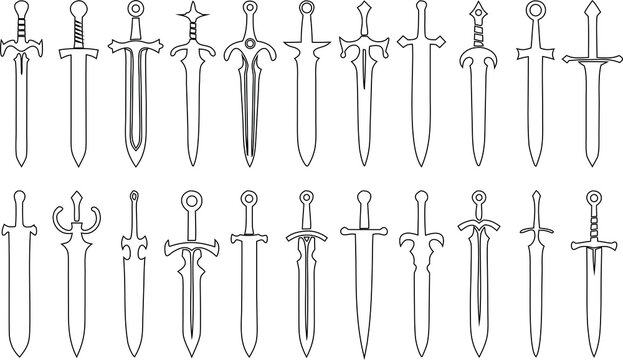 Collection of outline sword icons vector, great for medieval artwork, warrior branding, and combat designs.