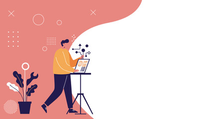 Professional man analyzes data on laptop, symbolizing digital innovation, software development, and modern problem-solving in a vibrant, tech-focused environment.