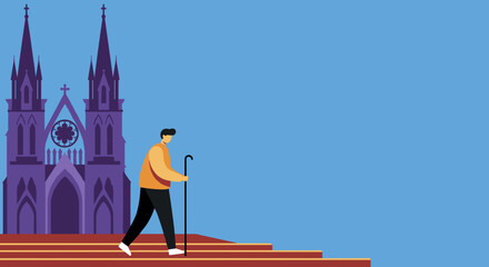 Man with a cane walking on steps towards a majestic gothic church, representing spirituality, pilgrimage, or historical tourism. © Office Stock Pro