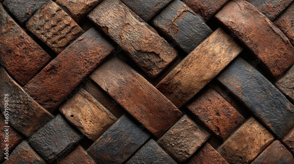 Poster interwoven decorative stone and wood create a textured pattern ideal for backgrounds and rustic or a