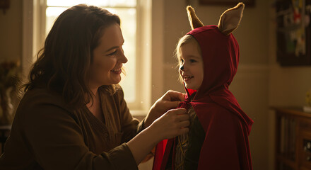 A mother buttons a red hooded costume on her young child, who is smiling.