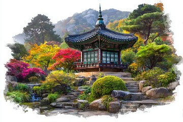 Obraz premium A beautifully crafted Korean pavilion sits gracefully in a tranquil garden. Vibrant autumn colors of blooming trees and shrubs surround the structure, enhancing the peaceful atmosphere.