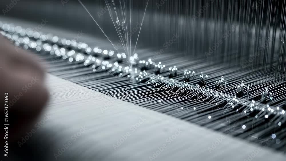 Poster macro shot of sensor threads interlaced with traditional fibers on a dynamic weaving loom for intera