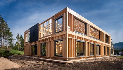 Obraz premium wooden frame extension rises beside completed section of house large black framed windows installed into timber skeleton showcasing eco conscious residential construction