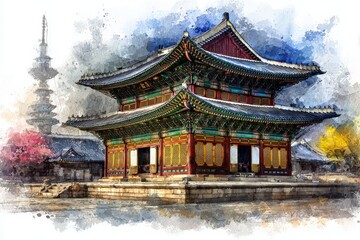Fototapeta premium A stunning traditional East Asian building showcases intricate architecture, surrounded by colorful gardens.