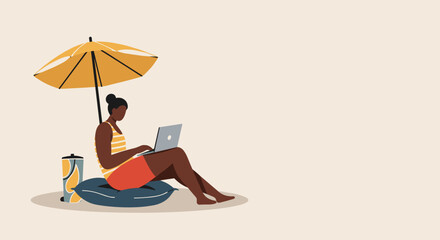 Fototapeta premium Relaxed person works on laptop under a beach umbrella, representing remote work, digital nomad lifestyle, and summer productivity. Ideal for travel and business concepts.