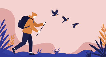 Person hiking through a serene natural landscape with birds flying overhead, symbolizing outdoor adventure, exploration, and freedom.