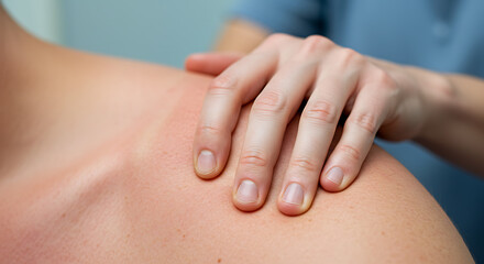 Hand gently touching a red, inflamed shoulder, suggesting medical examination, therapy, or pain relief.