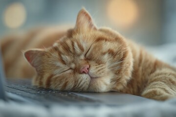 A fluffy orange cat rests with its eyes closed on a laptop keyboard. The cozy indoor environment features blurred lights in the background, creating a warm atmosphere.