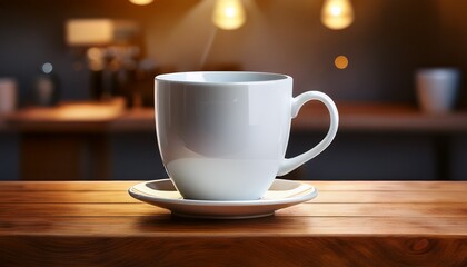white coffee cup is floating in midair above a wooden table the cup is empty and has a smooth shiny surface concept of lightness and freedom as if the cup is defying gravity