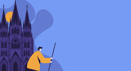 Traveler explores a magnificent Gothic cathedral under a full moon at night, depicting historical tourism and spiritual journeys. Ideal for travel or architecture.