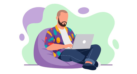 A man comfortably working on his laptop in a relaxed setting, ideal for remote work, freelance, or online learning concepts. Modern digital lifestyle.