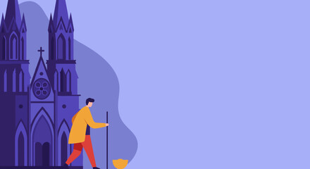 Traveler or pilgrim with a staff and alms bowl walks past a majestic Gothic cathedral. Represents spiritual journey, ancient architecture, culture, and charity.