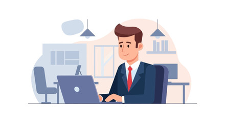 Professional man in a suit focused on his laptop in an office setting. Ideal for themes of business, productivity, online work, and technology.