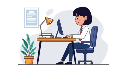 Smiling person working diligently on a computer at an office desk, illustrating productivity, remote work, education, or online business.