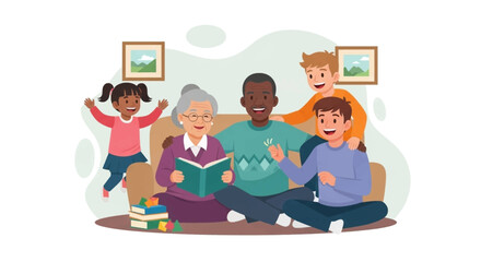 Happy multi-generational family enjoys storytelling and learning together at home. Concepts of bonding, education, and family support.