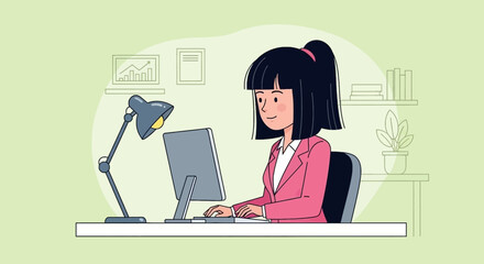 Professional woman focused on her computer work in a modern office. Ideal for concepts of productivity, business, remote work, or online education.